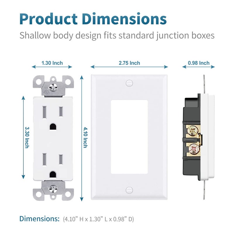 micmi Outlet Socket, Decorator Receptacle, 15 Amp, 125 Volt, Tamper Resistant, TR Grounding with Wall Plates UL Listed White 50pack (15A) - Image 4